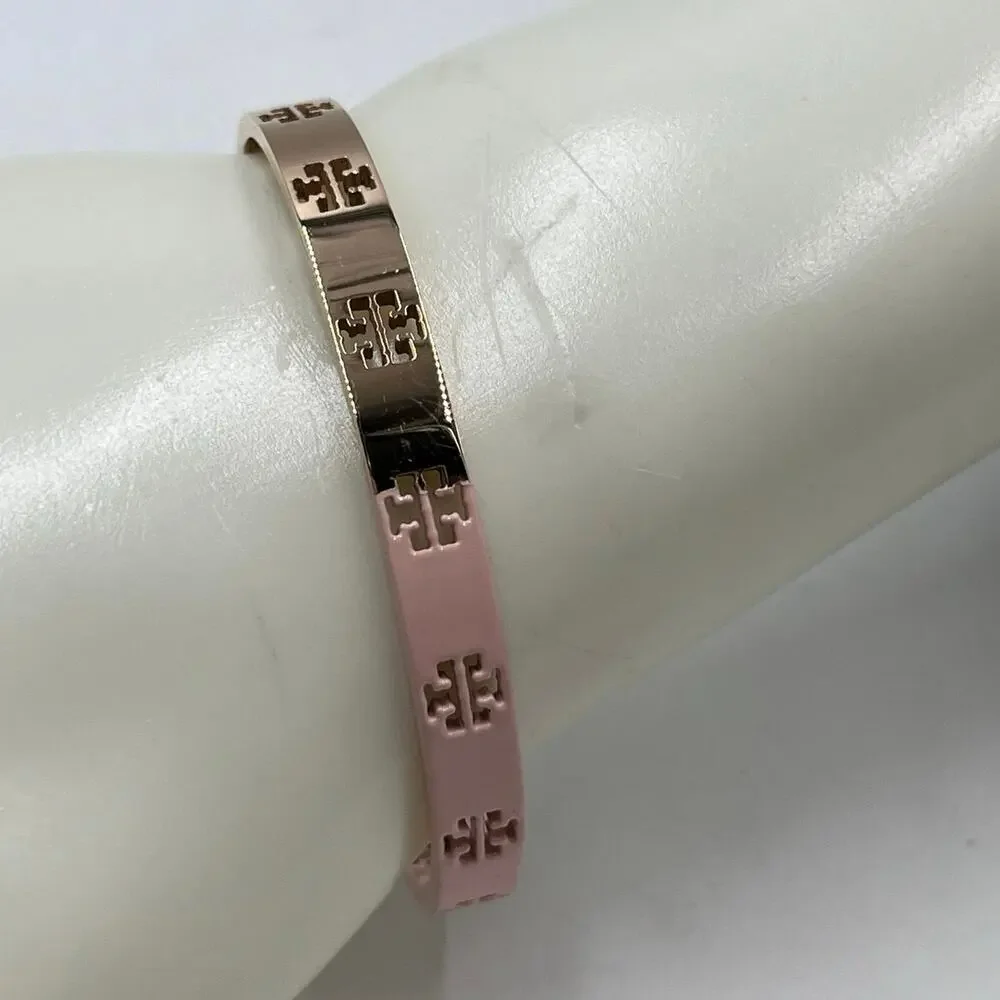 Tory Burch Pretty‎ Pink Half Enamel Dipped Gold Plated Cuff Bracelet